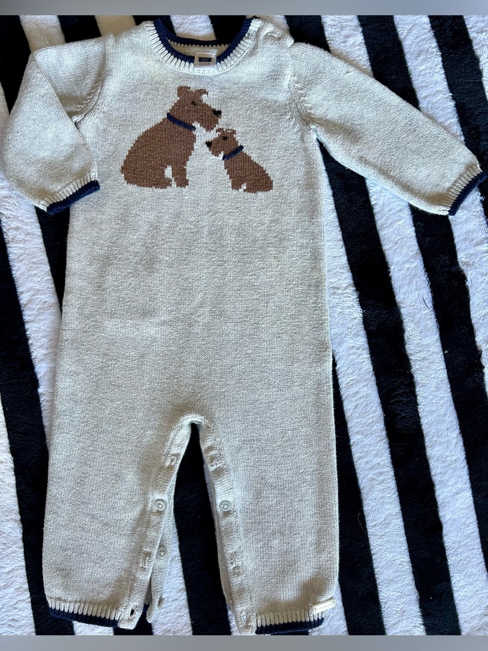 Light gray Knit Baby One-Piece with Brown Dog Motif